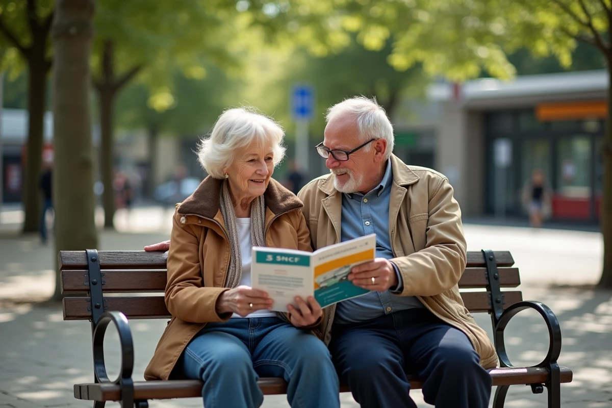 Couple de retraités SNCF consultant une brochure de services près d'une gare
