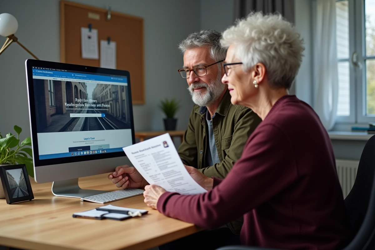 Couple de retraités SNCF consultant leur espace famille sur un ordinateur de bureau à domicile
