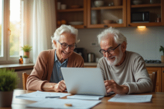 Couple senior souriant à la maison avec papiers et ordinateur