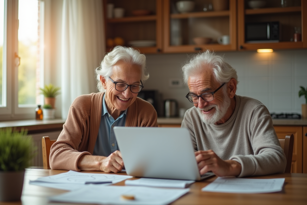 Couple senior souriant à la maison avec papiers et ordinateur