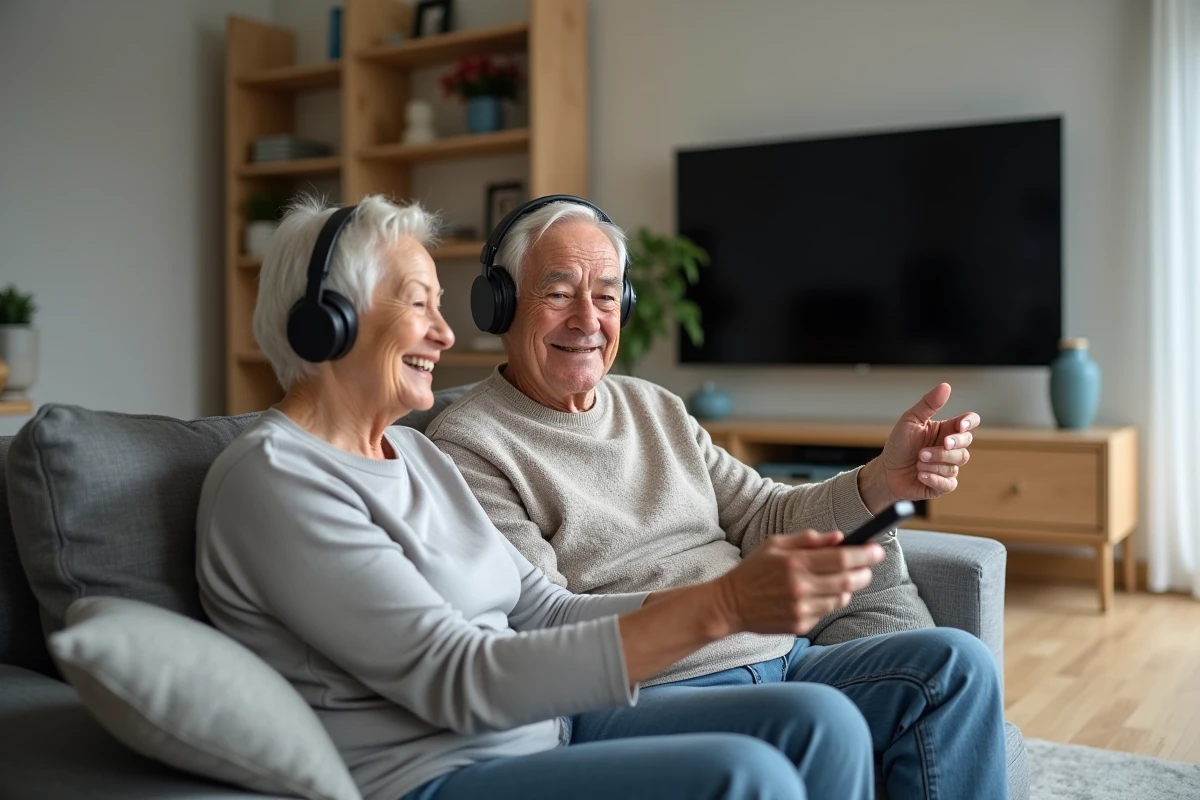 Couple de seniors utilisant un casque TV sans fil dans un salon moderne, idée cadeau casque audio pour personnes âgées