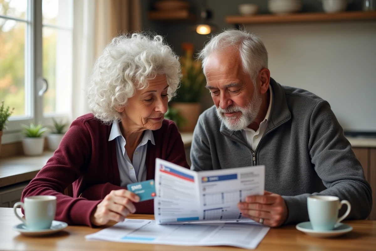 Couple de seniors planifiant un voyage en train à domicile avec une Carte Senior SNCF et un horaire de train