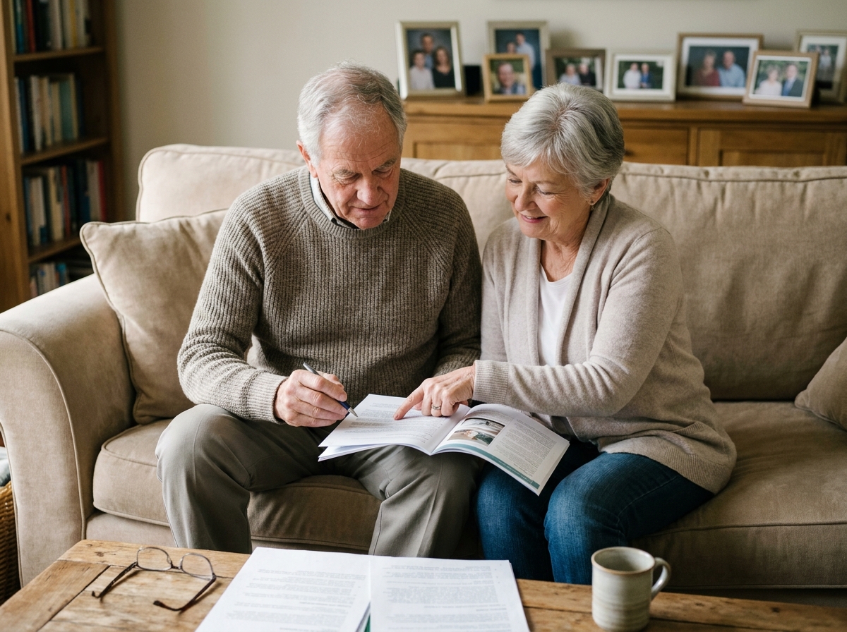 Couple de seniors préparant ensemble leurs obsèques en consultant des documents dans leur salon