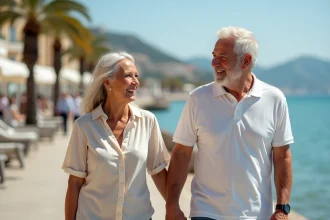 Couple de seniors se promenant main dans la main sur la Promenade des Anglais à Nice lors d'activités seniors en duo