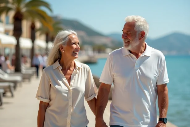 Couple de seniors se promenant main dans la main sur la Promenade des Anglais à Nice lors d'activités seniors en duo
