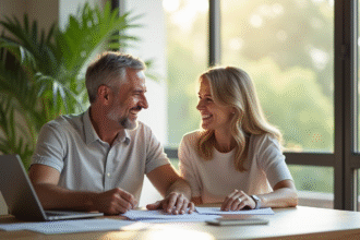 Couple souriant avec papiers et ordinateur pour l article