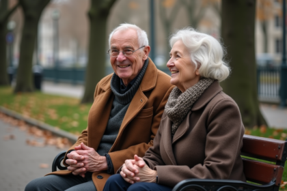 Couple de personnes âgées assises sur un banc dans un parc au printemps