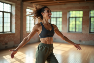 Femme souriante en danse contemporaine dans un studio lumineux