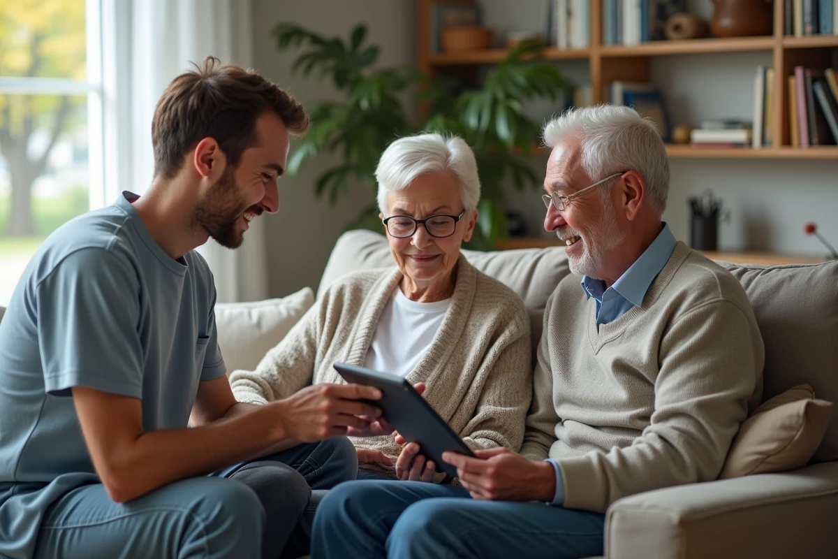 Jeune homme montrant une application de soins à un couple