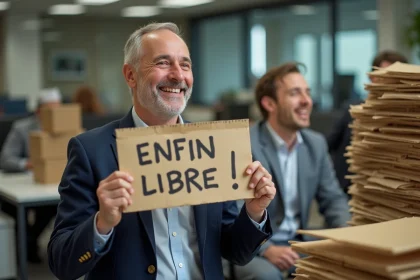 Fonctionnaire homme souriant tenant une pancarte ENFIN LIBRE lors de son pot de départ à la retraite dans un bureau administratif