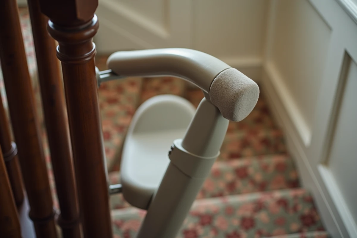 Gros plan sur les éléments de sécurité d'un monte-escalier debout sans installation : plateforme antidérapante et supports ergonomiques