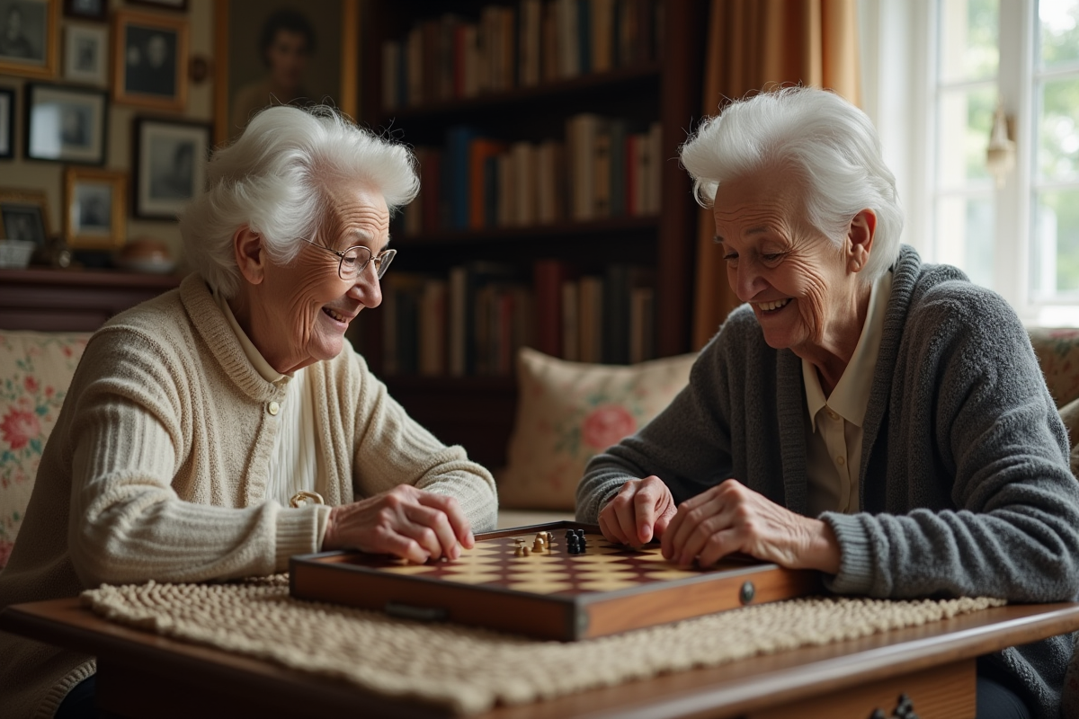 Deux femmes âgées jouant à un jeu de société dans un salon chaleureux