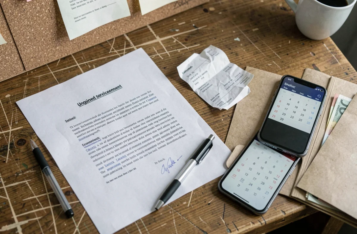 Documents contractuels non signés et billets en espèces sur un bureau, illustrant les risques juridiques et fiscaux du travail au noir pour les auxiliaires de vie