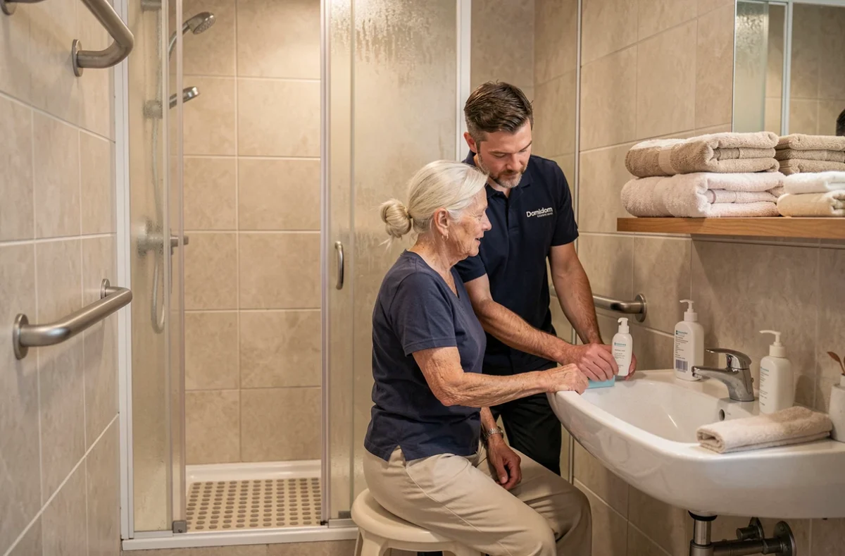 Auxiliaire de vie Domidom accompagnant une senior dans une salle de bain aménagée pour personnes dépendantes