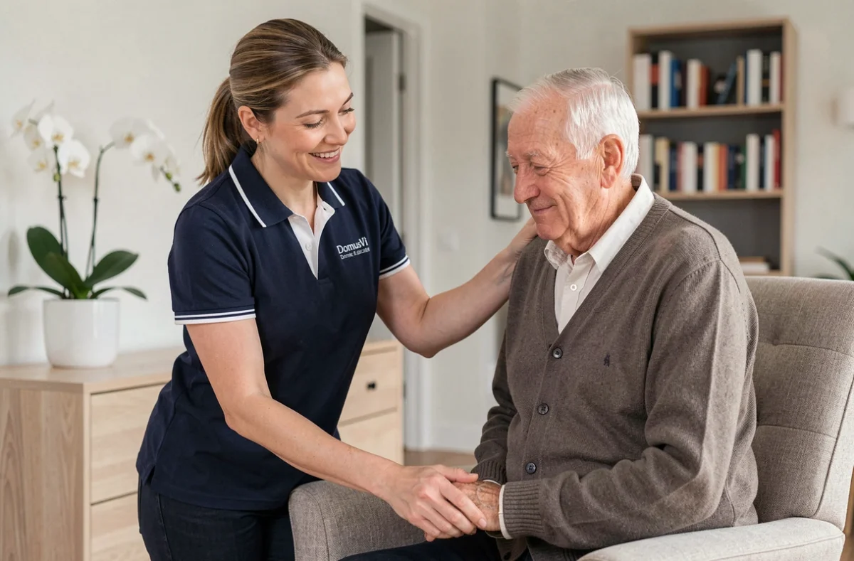 Aide à domicile DomusVi Domicile accompagnant un senior dans son appartement, service d'assistance professionnelle