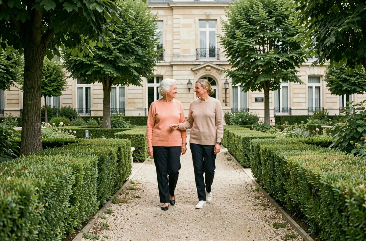 Une résidente et un soignant se promenant dans le jardin paysager de l'EHPAD La Jonchère à Rueil-Malmaison