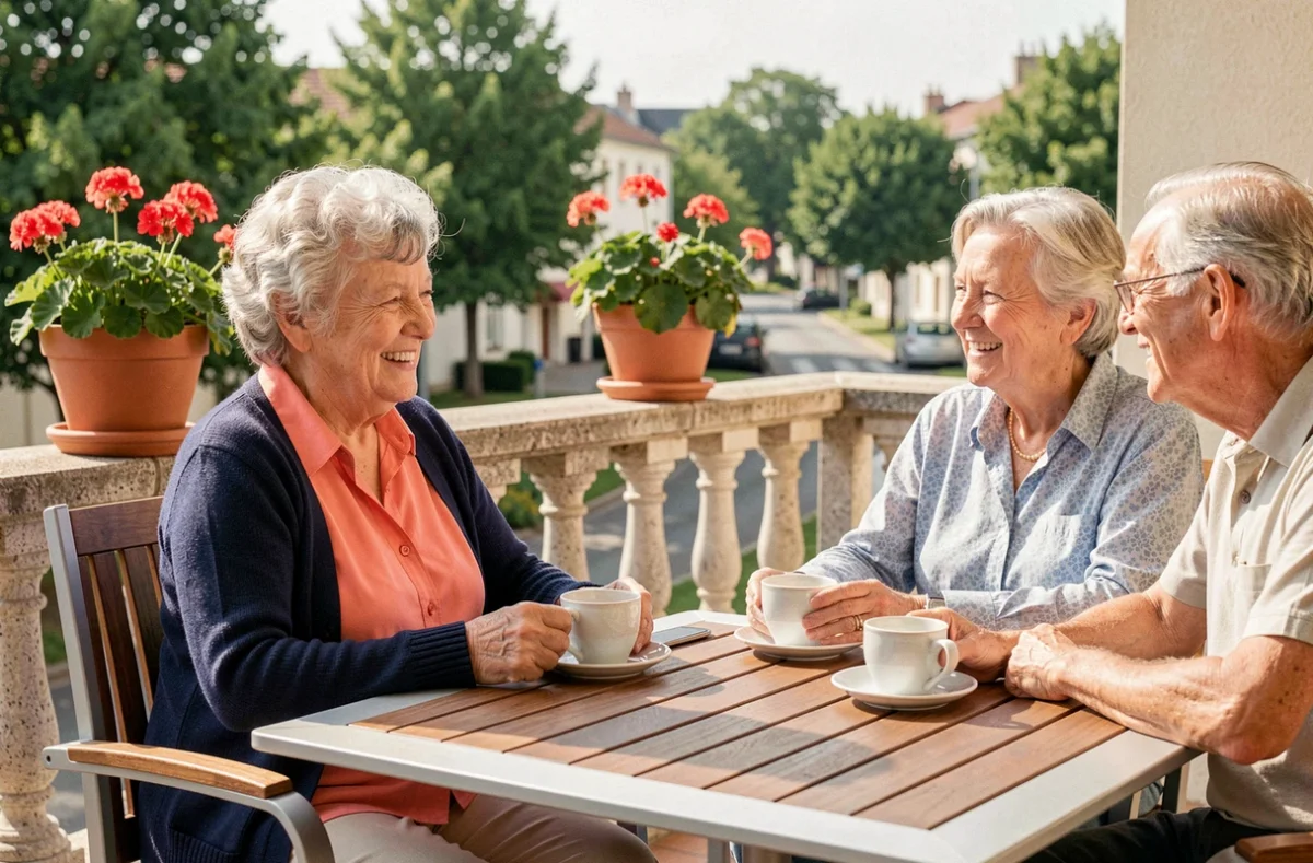 Des résidentes profitant d'un moment de convivialité sur la terrasse de l'EHPAD Les 4 Saisons à Suresnes