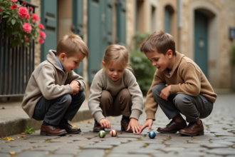 Trois enfants jouant aux billes dans une rue pavée ancienne
