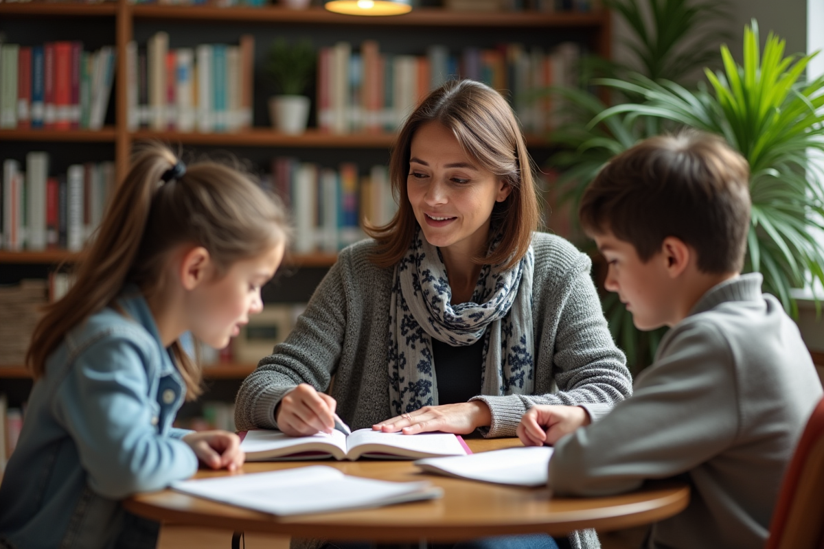 Professeure guidant deux adolescents lors d une lecture dans une bibliothèque