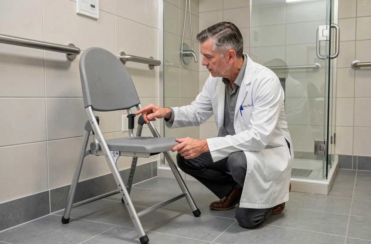 Ergothérapeute évaluant une chaise de douche adaptée pour personne handicapée dans une salle de bain accessible