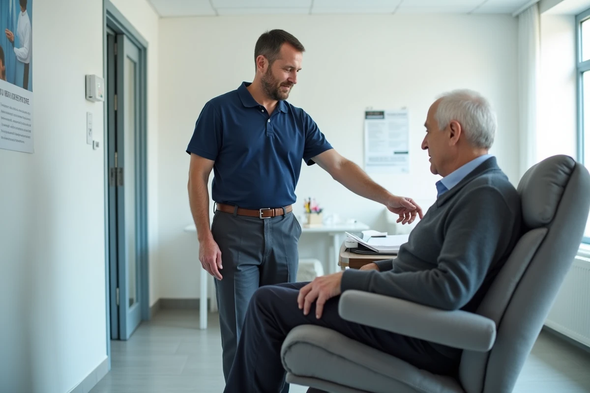 Ergothérapeute expliquant le fonctionnement d'un fauteuil releveur à un patient âgé lors d'une consultation médicale