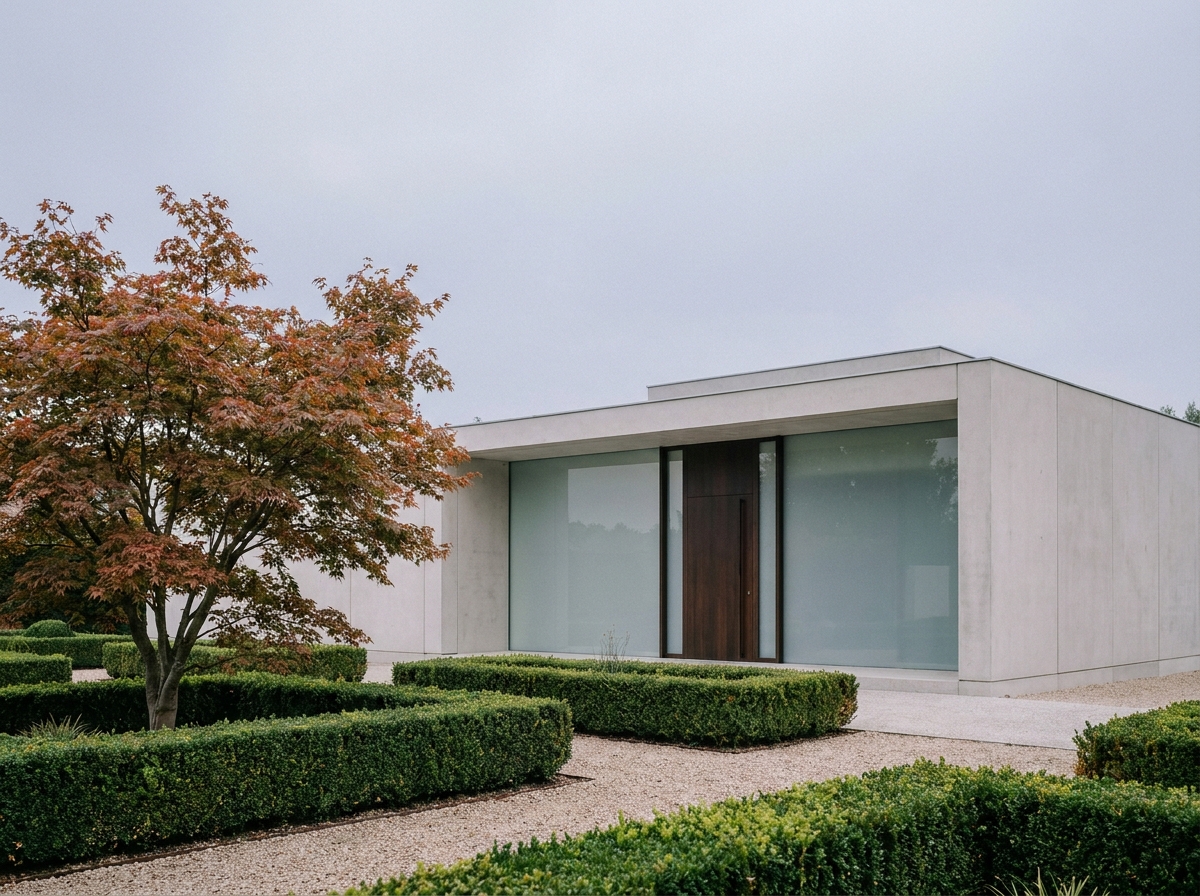 Façade extérieure d'un crématorium moderne en béton clair entouré d'un jardin paysager avec haies et érable japonais en automne