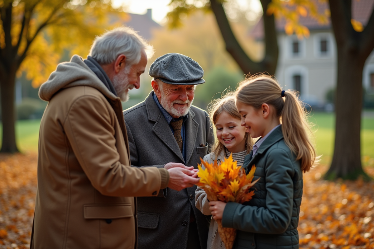 Famille multigeneration dans un parc belge avec grand-père et enfants