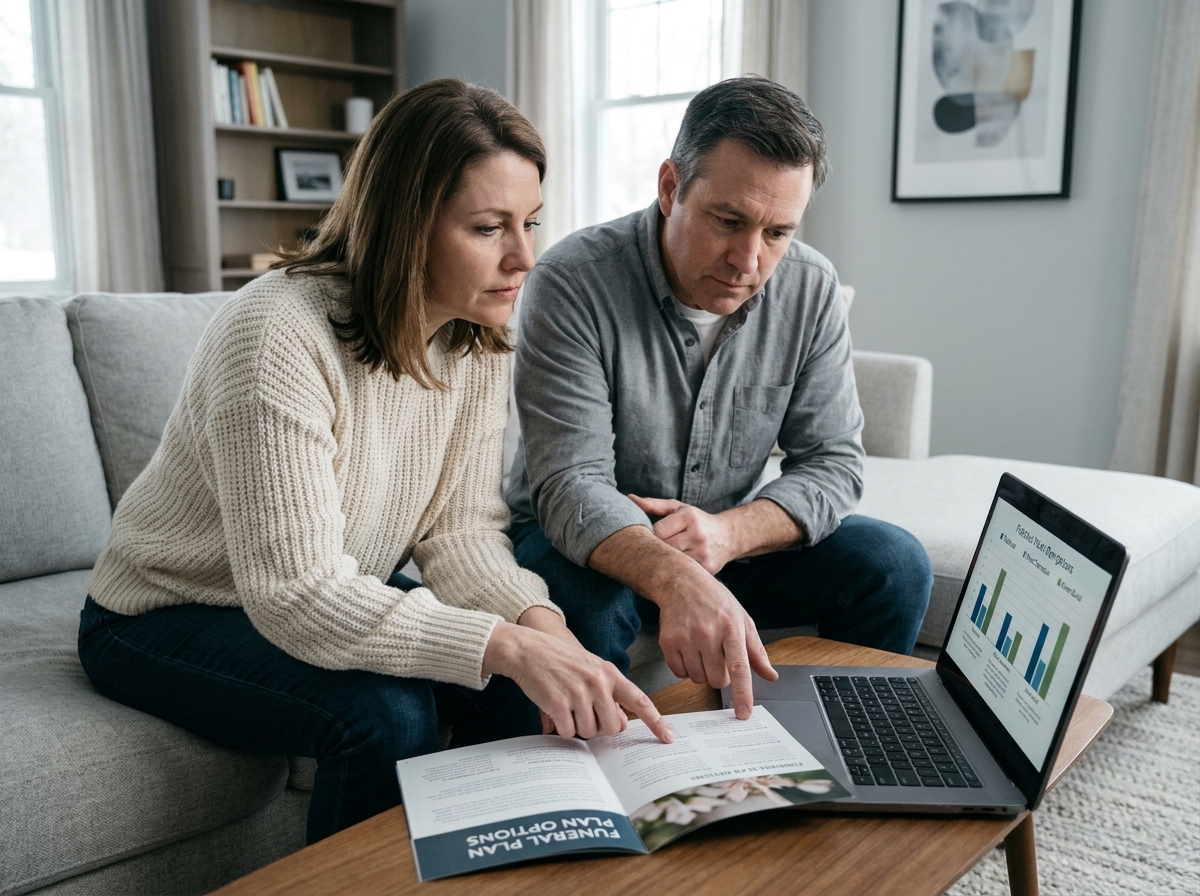 Deux adultes comparant des offres de contrats obsèques sur un ordinateur portable dans un salon familial