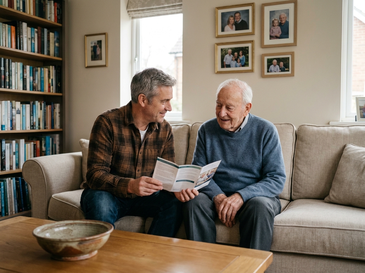 Père âgé et fils adulte discutant d'une assurance obsèques dans un salon familial chaleureux