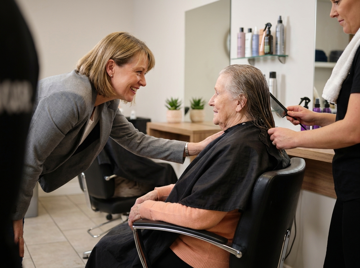 Famille et résidente heureuse lors d'une séance de coiffure en EHPAD, moment de lien affectif intergénérationnel