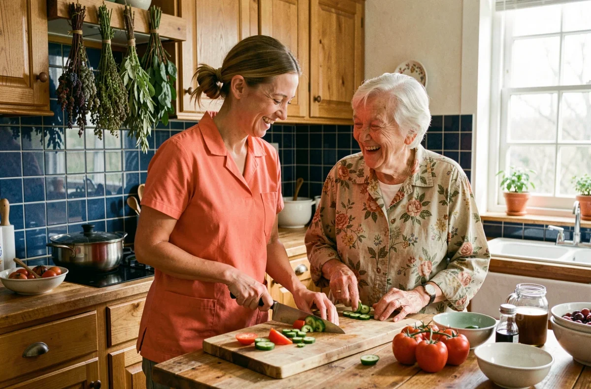 Auxiliaire de vie Famille Services Bordeaux préparant un repas traditionnel avec une personne âgée dans une cuisine familiale