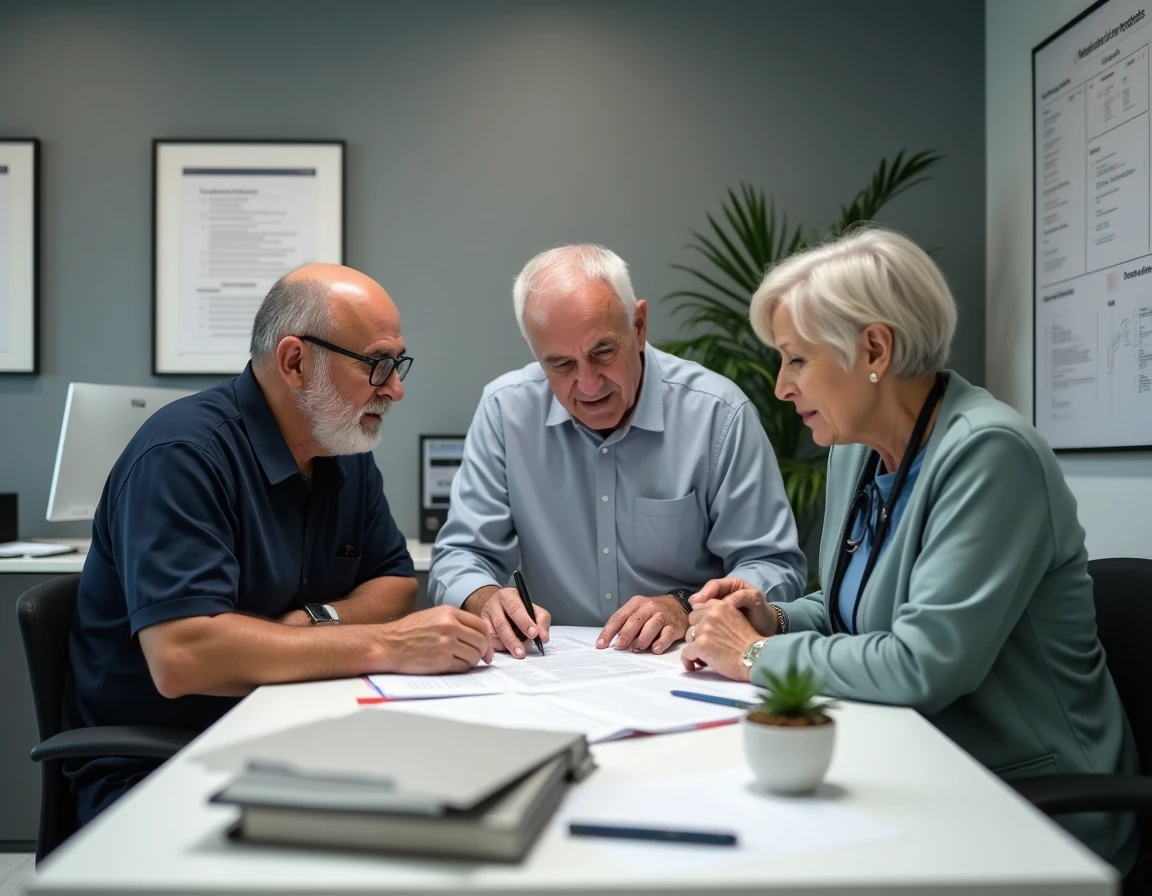 Une famille et un senior examinent ensemble un contrat d'entrée en EHPAD dans le bureau d'accueil de l'établissement