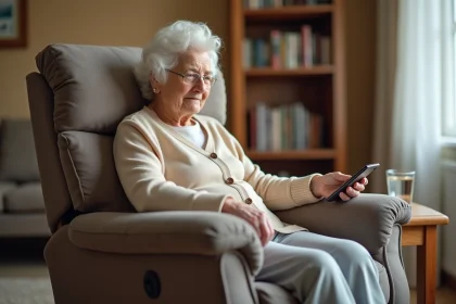 Femme âgée utilisant un fauteuil releveur électrique à domicile pour se lever en toute autonomie