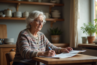 Femme de 75 ans lisant un journal dans une cuisine chaleureuse
