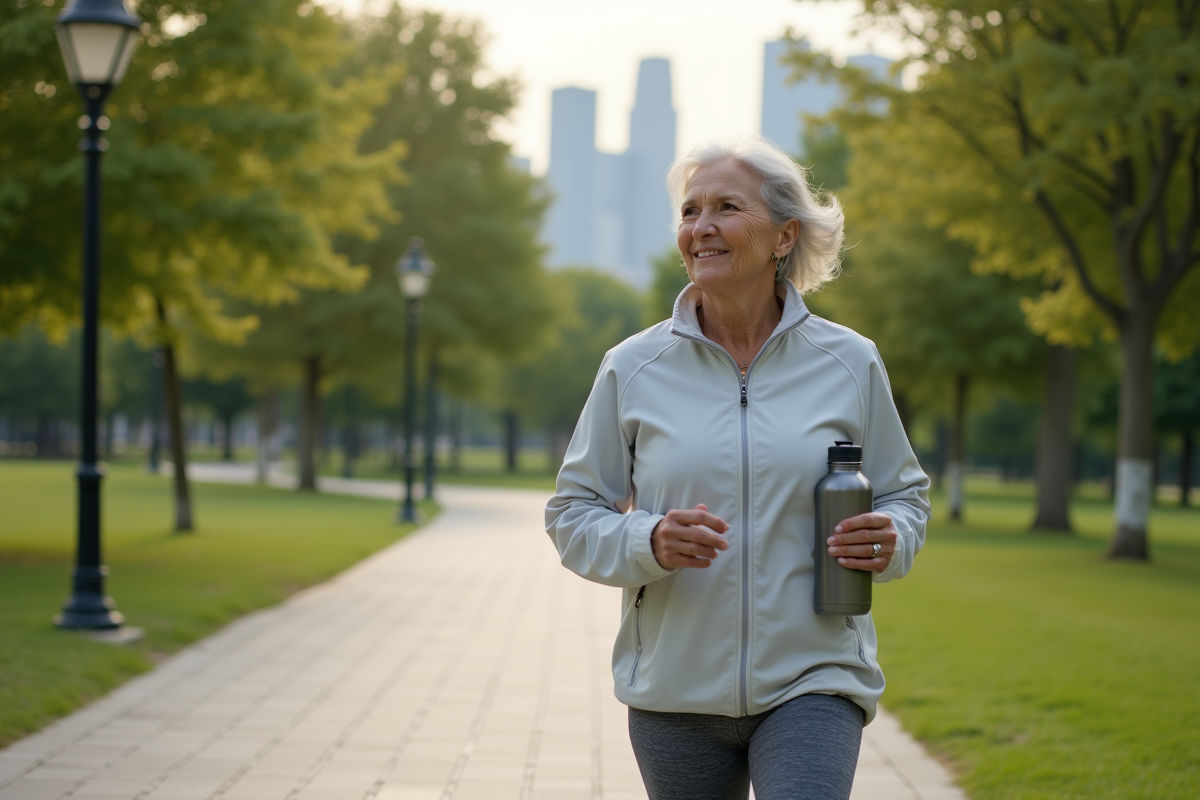 Femme de 65 ans marchant dans un parc urbain en tenue de sport