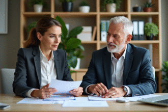 Femme d'affaires discutant avec un homme âgé dans un bureau lumineux