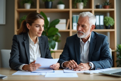 Femme d'affaires discutant avec un homme âgé dans un bureau lumineux