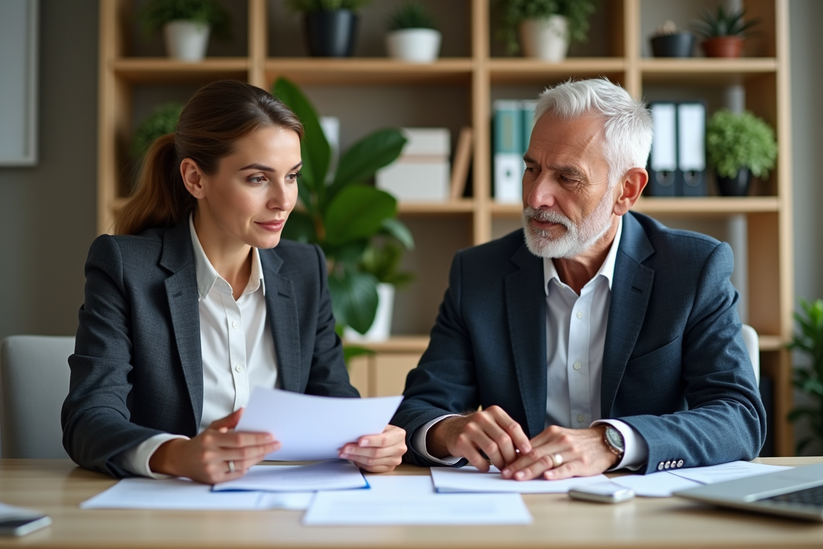 Femme d'affaires discutant avec un homme âgé dans un bureau lumineux