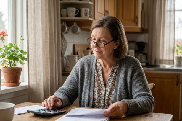 Femme âgée consultant des documents d'assurance obsèques à sa table de cuisine, expression sereine et réfléchie