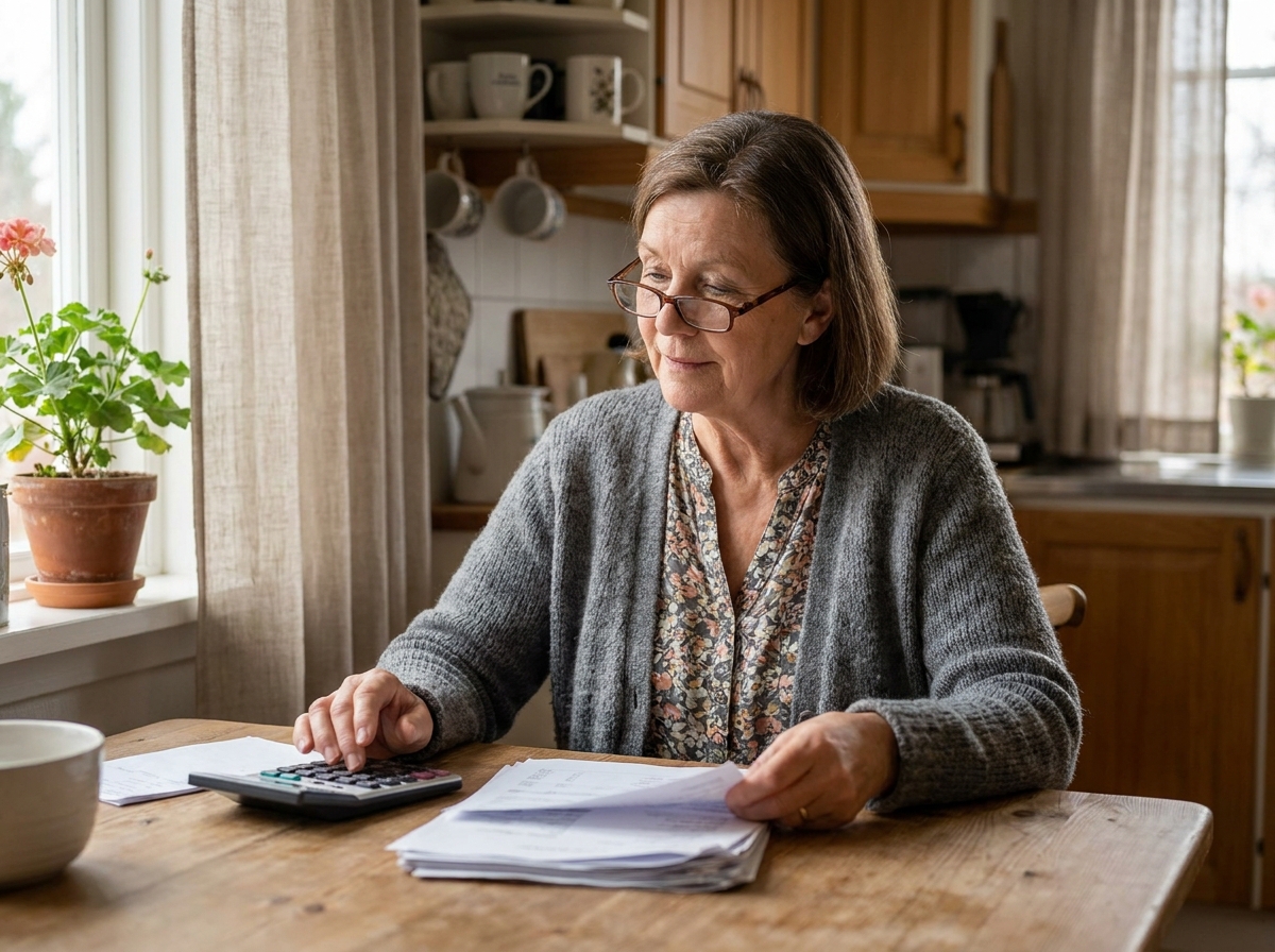 Femme âgée consultant des documents d'assurance obsèques à sa table de cuisine, expression sereine et réfléchie
