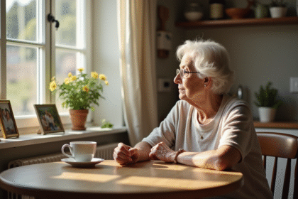 Femme agee assise seule dans la cuisine lumineuse