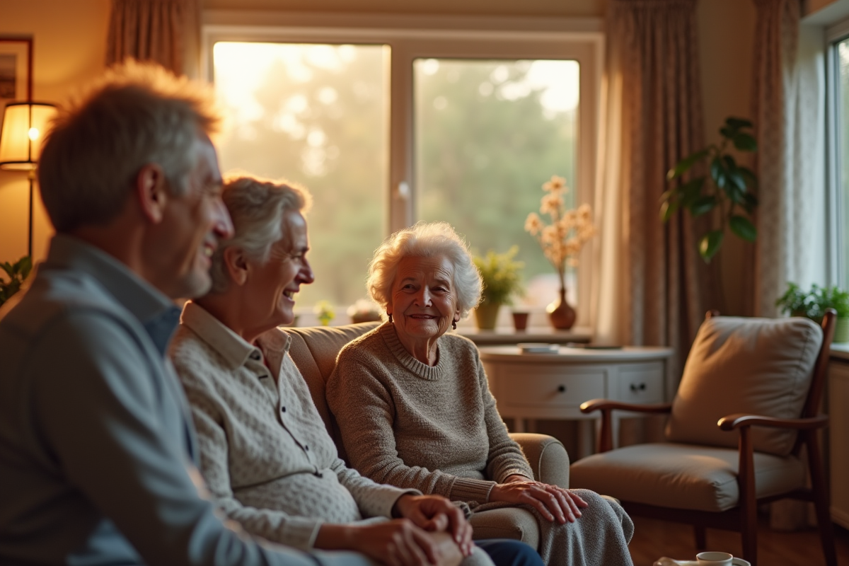 Femme agee souriante entourée de famille dans un salon chaleureux
