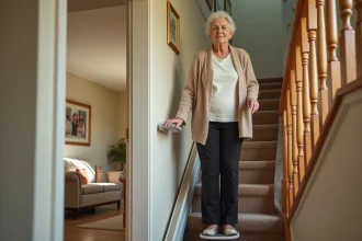 Femme âgée debout sur un monte-escalier sans installation dans un couloir résidentiel, tenant les rampes de sécurité avec sérénité