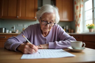 Femme âgée concentrée qui fait un mot mêlé imprimé à la table de sa cuisine avec une tasse de thé