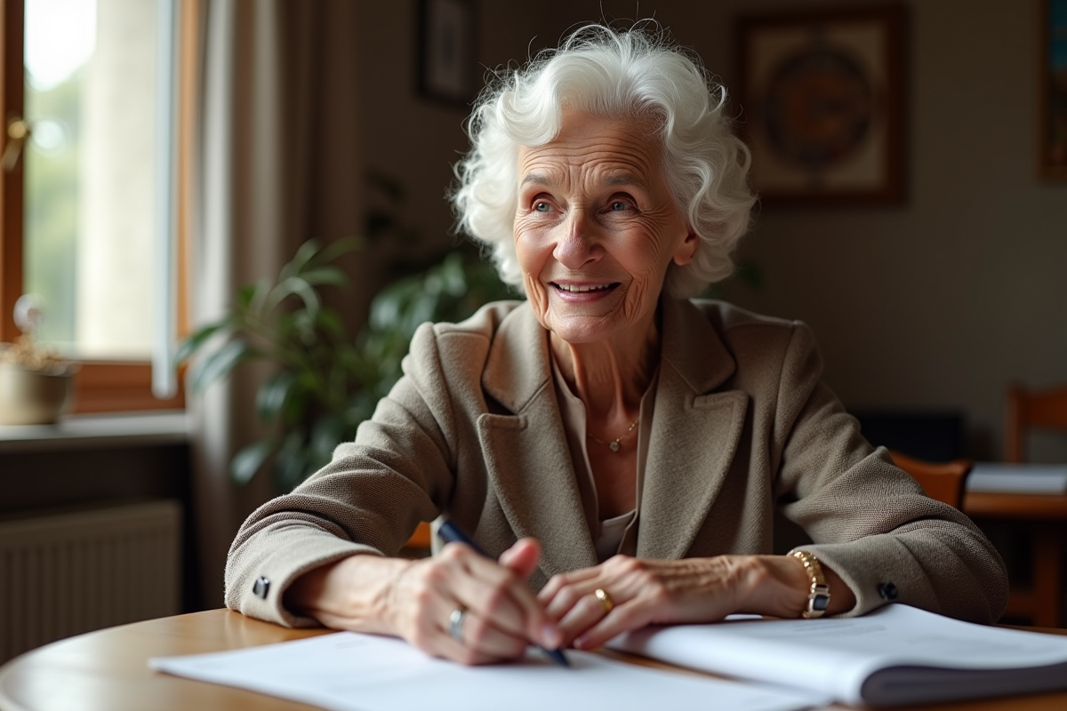 Femme agee assise avec documents et argent euros