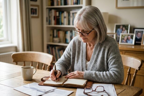 Femme âgée préparant ses obsèques en consultant des documents administratifs à la maison