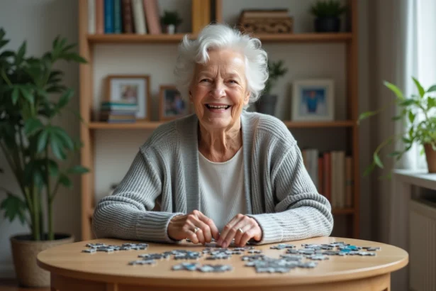 Femme agee assemble un puzzle dans un salon chaleureux
