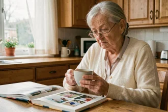 Femme âgée en train de regarder un album photo avec une expression pensive, illustrant les signes de sénilité et de déclin cognitif progressif