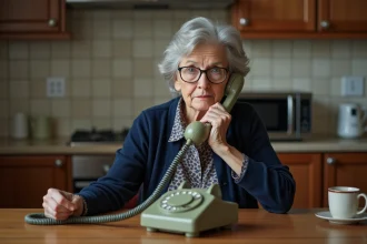Femme âgée parlant au téléphone dans une cuisine chaleureuse