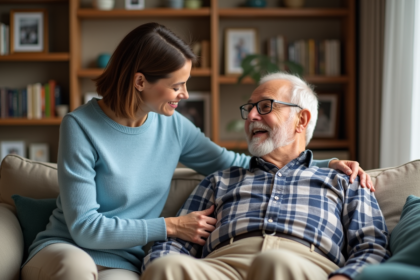 Femme aidant son père âgé dans un salon chaleureux